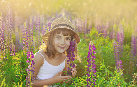 儿童照片在乳胶场拍摄 有选择的焦点花朵孩子裙子花束童年草地女士花园横幅紫色背景图片