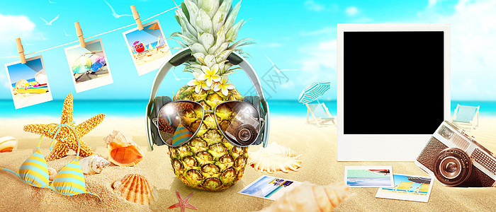 创意菠萝与太阳镜 在夏季背景情调饮食果汁太阳天堂海岸叶子食物饮料晴天图片