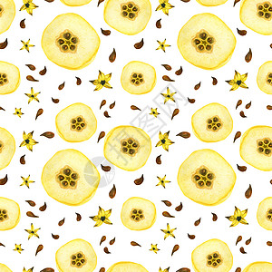 黄色黄金半果子无缝模式饮食果汁食物甜点水彩园艺蔬菜艺术品种子插图图片