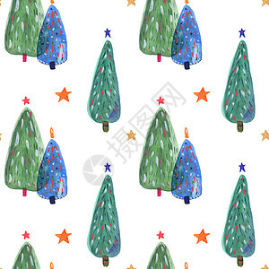 圣诞树手抽水 彩色无缝图案植物包装纺织品装饰绘画装饰品新年派对家庭假期图片