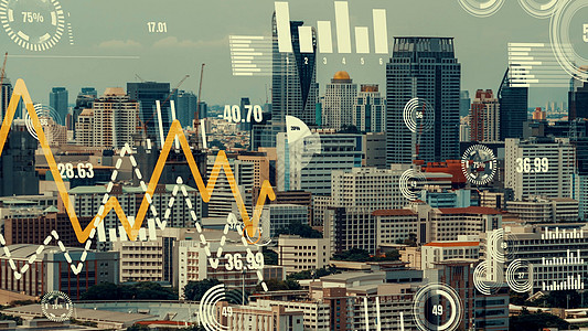 商业数据分析界面在智能城市上空飞过 显示改变的未来服务成功天际人工智能手机摄影景观全球化互联网电影图片