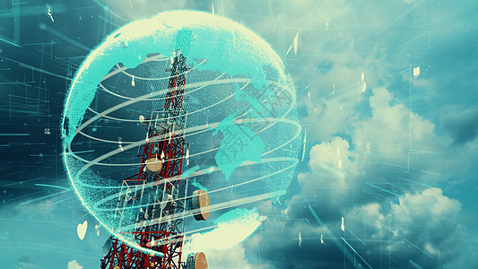 具有3D全球商业改建图象的电信塔电讯塔城市供应商世界全球化服务数据卫星电讯上网互联网图片