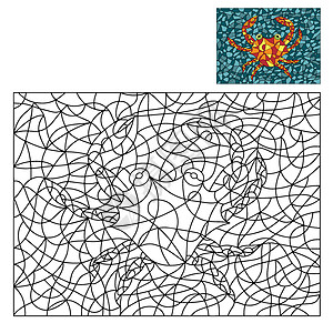 形象页彩色玻璃风格的黑白和彩色插图与抽象螃蟹 着色书和着色页的图像数字马赛克装饰品尾巴世界绘画黑色染色蜡染水下生活背景