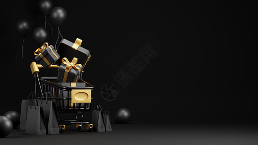黑色周日黑星期五销售横幅设计 购物车和礼品盒设计 纸袋印在黑色背景3D制纸上图片