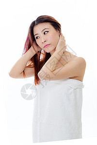 身穿白毛巾 美容观的华裔美国女性洗澡头发皮肤身体女士微笑女孩淋浴温泉白色图片