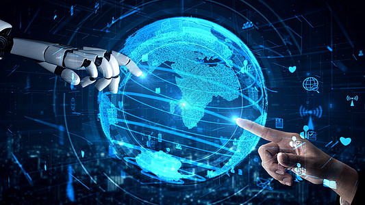 未来的机器人人造智能 启发AI技术概念的人类人工智能软件计算机商业数据库网络业务虚拟现实电子人手臂渲染图片