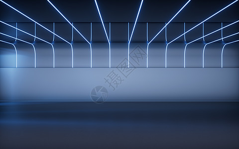 暗室有荧光线效应 3D投影展览地面光谱反射展示房间场景渲染射线辉光图片