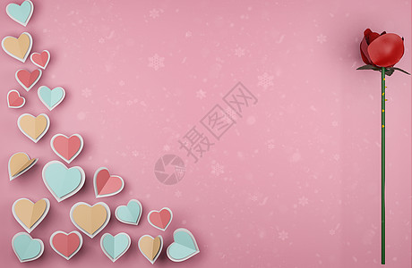 情人节快乐的贺卡设计 纸切面粉心形在粉红色背景上飞翔 红玫瑰3D插图图片