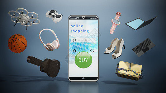 带有在线购物界面和漂浮在空中物体的智能手机 3D 插图营销注意力销售电话顾客活动价格网站扬声器广告图片