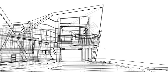 3d透视黑铁线框架 以白色背景为背景的三维视角外表建筑设计概念图片