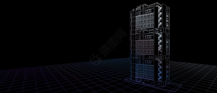 建筑外立面设计理念 3d 建筑透视彩色线框渲染黑色背景 对于抽象背景或壁纸桌面计算机技术设计建筑主题图片