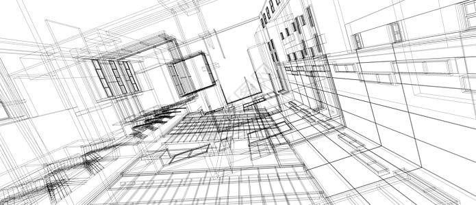 建筑建筑空间设计概念 3d 透视线框渲染隔离白色背景 对于抽象背景或壁纸桌面计算机技术设计建筑主题黑线创造力电脑插图草图高楼绘画图片
