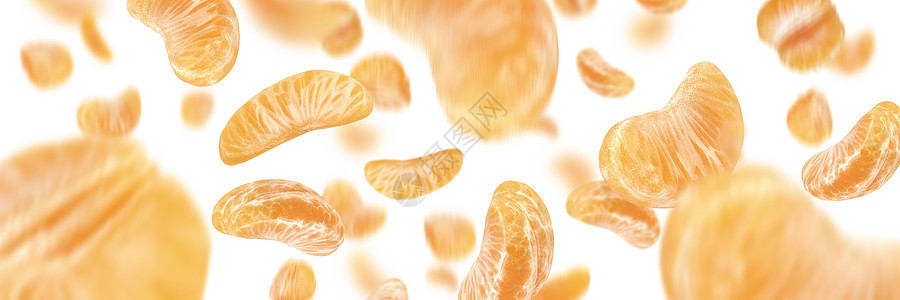 白孤立背景的曼达林切片坠落 Citrus 水果背景 有选择性焦点的黄色橘子切片树叶橙子项目剪裁白色阴影小路收藏果汁铸件图片