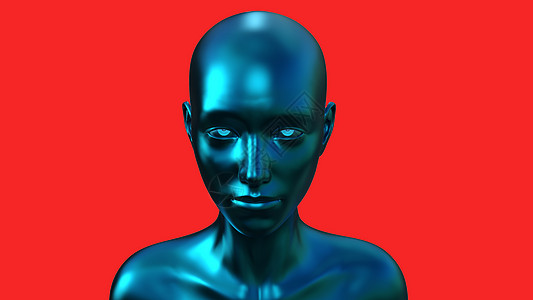 3个插图 红色背景的蓝秃头女人的肖像人体抛光化妆品工作室电子人艺术全息女士金属塑料图片