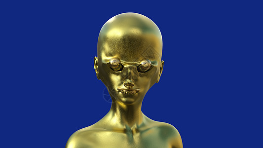 蓝背景的金色秃顶外星人人类图片