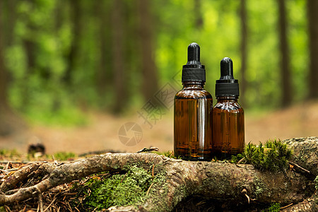 代用品容器位于天然森林背景 a 木材润肤水疗瓶子面部化妆品美容产品身体精华素玻璃图片