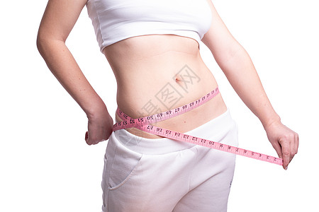 女人看到饮食的结果 然后损失了几磅外的重量腹部护理组织身体仪表腰部女性橘皮厘米数字图片