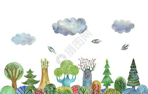 森林手工画水彩色插图 以图示方式绘制图片