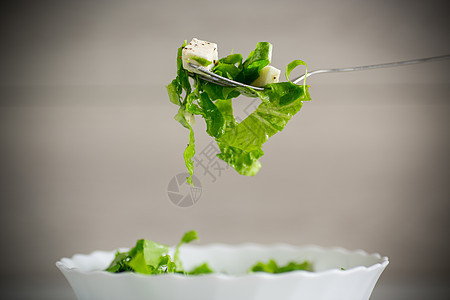 新鲜绿色生菜沙拉 在叉口上配有马扎里拉和草药洋葱叶子食物早餐草本植物厨房小吃倾斜蔬菜树叶图片