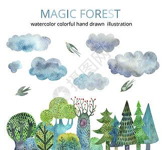 卡通水彩画插图 有云和鸟的野生生物森林摘要图片
