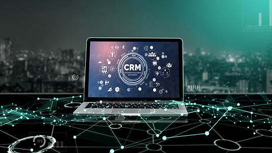 用于 CRM 业务的现代计算机上的客户关系管理系统自动化按钮小样网络市场经理展示药片营销笔记本图片