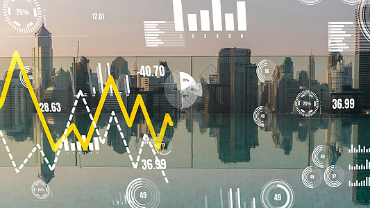 商业数据分析界面在智能城市上空飞过 显示改变的未来成功会计基础设施手机经济解决方案服务建筑人工智能网络图片