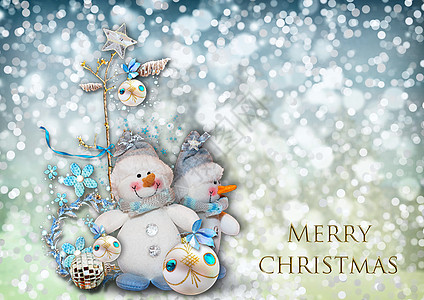 圣诞贺卡上贴着雪人的形象丝带惊喜假期礼物分支机构打印季节邀请函雪花问候语图片