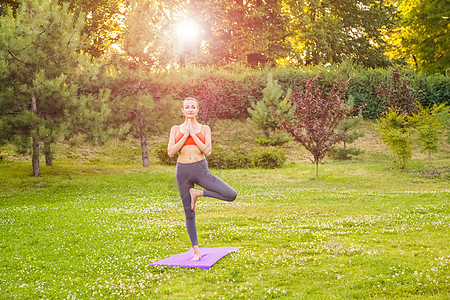 年轻女子在公园里练瑜伽生活方式沉思活动日落灵活性草地训练活力卫生姿势图片