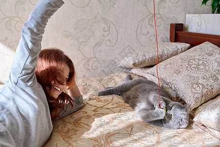 与一只灰白的英国宠物玩耍的少女 在家中躺在床上房子青春期小猫公寓猫咪幸福玩猫说谎主人孩子们图片