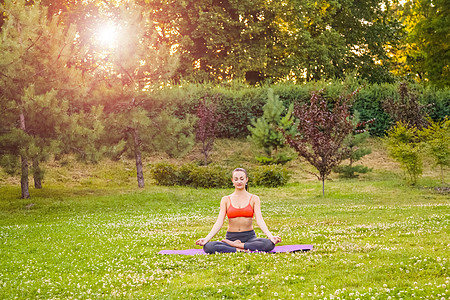 年轻女子在公园里练瑜伽活力太阳平衡生活方式沉思女性活动力量训练阳光图片