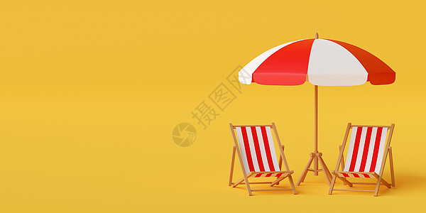 最小的暑假概念带椅子的沙滩伞在黄色背景上3d 它制作图案海报行李冲浪插图游客横幅旅游享受海岸棕榈图片