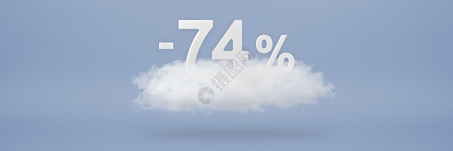 折扣 74% 大折扣 促销高达百分之七十四 3D 数字漂浮在蓝色背景上的云上 复制空间 插入项目的广告横幅和海报图片
