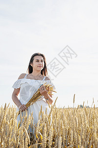 身着白裙子的年轻女子站在小麦田上 背景是日出小麦农村收成植物草地谷物女士天空成人日落图片