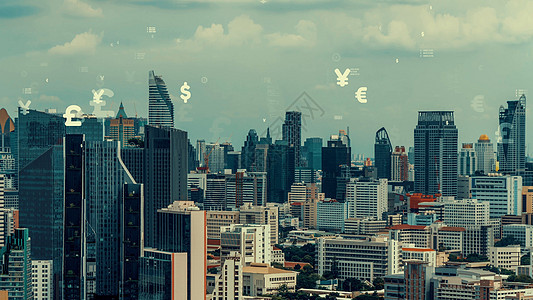 商业数据分析界面在智能城市上空飞过 显示改变的未来营销企业经济运动银行家货币战略分析师管理人工智能图片
