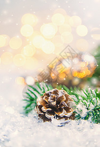 圣诞装饰品 雪中的松果 有选择的焦点庆典云杉玩具框架假期季节木头新年背景边界图片