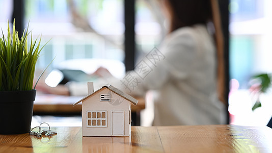 小房子模型 钥匙和木制桌上的房屋种植 不动产投资概念 (笑声)图片