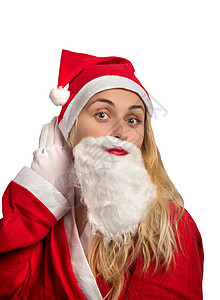 穿着圣诞老人服装的女孩嘴唇微笑假期戏服胡须化妆品头发红色帽子庆典图片