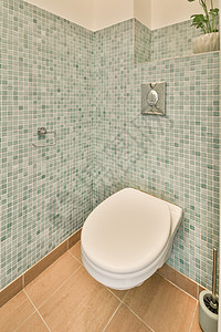 现代有厕所的轻便卫生间内部浴室洗手间淋浴公寓浴缸玻璃白色背景图片
