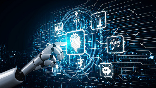 未来的机器人人造智能 启发AI技术概念的人类人工智能虚拟机器智力数据商业头脑商务开发手臂编程图片