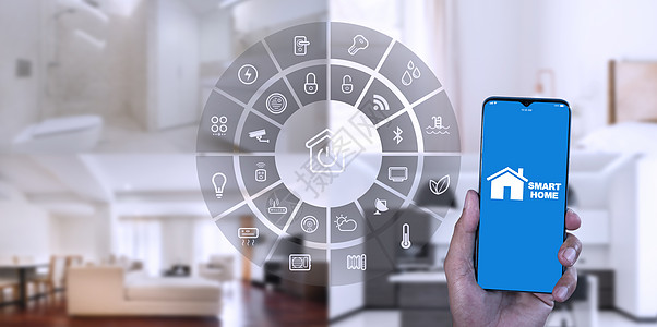 人手展示智能手机智能家居 GUI 控制房子里的每个房间 在虚拟屏幕上手动使用智能屏幕智能家庭自动化助手和触摸按钮的用户技术手指安图片