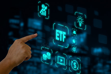 手触摸屏数字虚拟未来界面图标 ETF 交易所交易基金 商业股票市场金融指数概念密码帐户人士技术通货膨胀投资零售银行储蓄营销图片