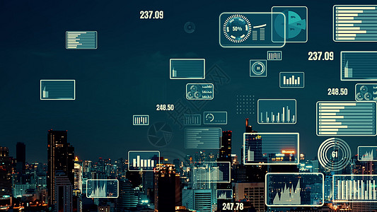 商业数据分析界面在智能城市上空飞过 显示改变的未来媒体现实办公室互联网软件建筑全球化人工智能电影社交图片