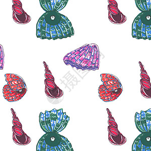 彩色贝壳的无缝图案 手画插图图片
