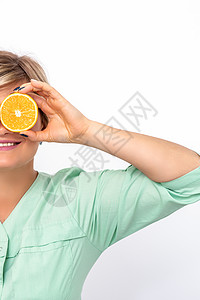 用橙色遮眼的美容学家皮肤护士成人橙子营养师福利食物水果营养乐趣图片
