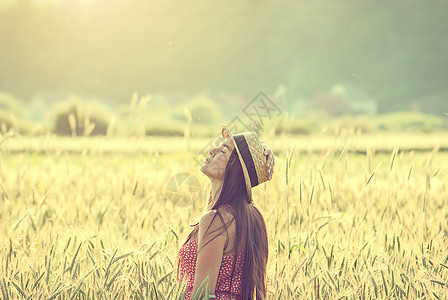 妇女从事小麦田太阳晴天稻草阳光帽子粮食日落自由女性女士图片