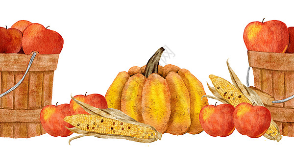 水彩手与黄南瓜玉米苹果篮 秋天落叶接壤 感恩节框架背景横幅 奥克托波小屋收割场艺术 在下个秋天时图片