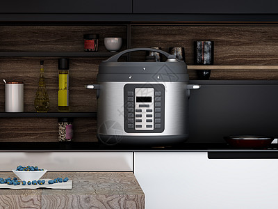 厨房的电压炊具 3D 插图技术桌子家庭烹饪电子食物厨具蒸汽电饭煲合金图片