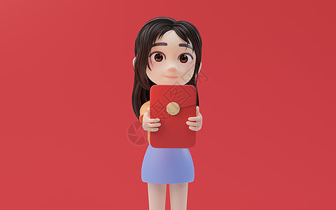 龙年大吉卡通红包小姑娘拿着红色包裹 配有卡通风格的3D造型文化卡通片女性问候语渲染女孩幸福传统庆典插图背景