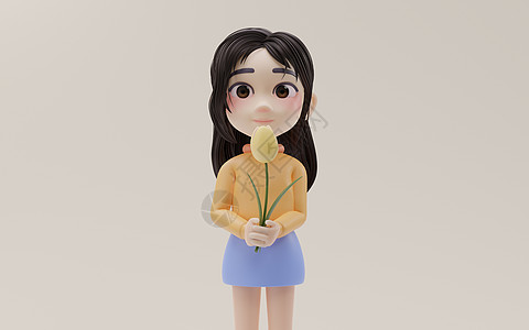 小姑娘手里拿着花 带着卡通风格的3D造型快乐渲染黄色插图女性花束郁金香孩子展示幸福图片