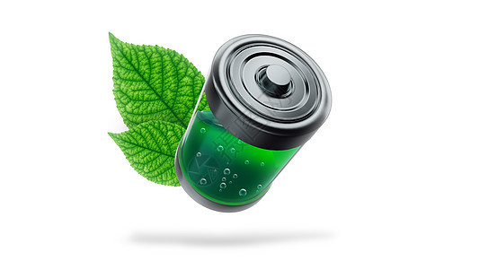 3d 使生态电池充填绿色液体 以白色背景的绿树叶填充力量活力创新技术电量充值回收充电器燃料植物图片